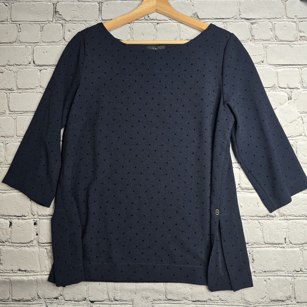 OttoD'Ame‎ Anthro Clip Dot Motif Pullover Navy Blue Boatneck Blouse New Size 12
